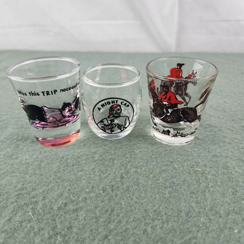 3 Lot Vintage Glass Shot Glass Drinking Cartoon Barware Night Cap Fox Hunt